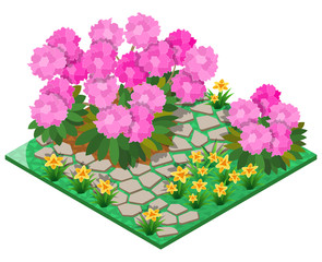 Ornamental garden with rhododendron, lily and stone pavement. 3D isometric view. Vector illustration.