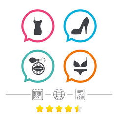 Women dress icon. Sexy shoe sign. Perfume.