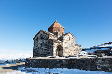 Fototapeta na wymiar Sevan temple complex of the Lake Sevan, Armenia.