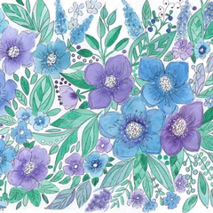 Deurstickers Watercolor floral illustration print in blue green © fuzzyfox