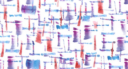 Seamless background pattern with small red, blue and purple brush strokes painted in watercolor on white background