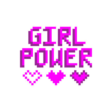 Girl power. The inscription with hearts in the eight bit style on a white background.  Vector Image. It can be used for website design, article, phone case, poster, t-shirt,  etc.