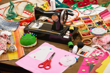 sewing accessories top view, seamstress workplace, many object for needlework, embroidery, handmade and handicraft