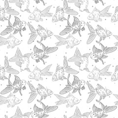 Vector seamless pattern with image of a fishes. Goldfish and perch. Linear fish for coloring books.