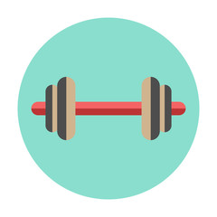 Dumbbell icon on a round color background. Flat simple button, v