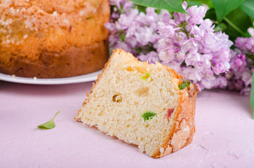 Slice of pannetone cake with cugar fruits and lilac flowers on spring background. Selective focus