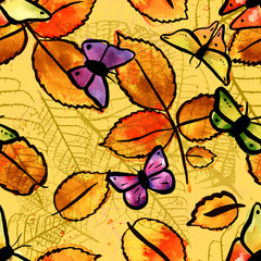Fototapeta na wymiar Watercolour butterflies and leaves seamless pattern