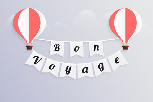 hot air balloon bon voyage calligraphy text on bunting flag flat design, vector illustration EPS10