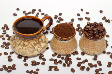 Coffee set, cup with coffee. Coffee time. Coffee beans.