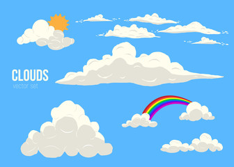 Clouds on blue sky vector set isolated. cartoon cloudscape with different types, sun and rainbow