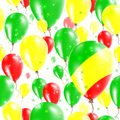 Congo Independence Day Seamless Pattern. Flying Rubber Balloons in Colors of the Congolese Flag. Happy Congo Day Patriotic Card with Balloons, Stars and Sparkles.