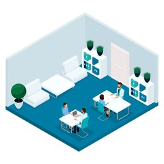 Fashion isometric people, a hospital room, doctor's office rear view, the doctor is receiving patients, the surgeon, the patient are isolated on a light background