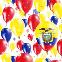 Ecuador Independence Day Seamless Pattern. Flying Rubber Balloons in Colors of the Ecuadorean Flag. Happy Ecuador Day Patriotic Card with Balloons, Stars and Sparkles.