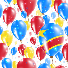 DR Congo Independence Day Seamless Pattern. Flying Rubber Balloons in Colors of the Congolese Flag. Happy DR Congo Day Patriotic Card with Balloons, Stars and Sparkles.