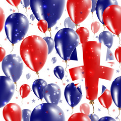 United Kingdom Independence Day Seamless Pattern. Flying Rubber Balloons in Colors of the British Flag. Happy United Kingdom Day Patriotic Card with Balloons, Stars and Sparkles.