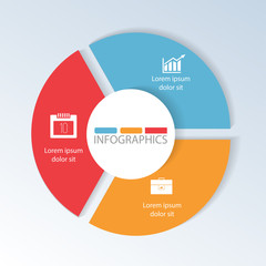Circular infographics of 3 steps, segments for annual reports, charts, presentations, workflow layout, banner, number options, step up options, web design with symbols and space for text