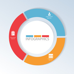 Circular infographics of 3 steps, segments for annual reports, charts, presentations, workflow layout, banner, number options, step up options, web design with symbols and space for text