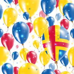 Aland Independence Day Seamless Pattern. Flying Rubber Balloons in Colors of the Swedish Flag. Happy Aland Day Patriotic Card with Balloons, Stars and Sparkles.