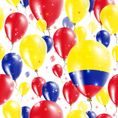 Colombia Independence Day Seamless Pattern. Flying Rubber Balloons in Colors of the Colombian Flag. Happy Colombia Day Patriotic Card with Balloons, Stars and Sparkles.