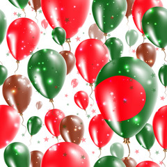 Bangladesh Independence Day Seamless Pattern. Flying Rubber Balloons in Colors of the Bangladeshi Flag. Happy Bangladesh Day Patriotic Card with Balloons, Stars and Sparkles.