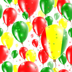 Guinea Independence Day Seamless Pattern. Flying Rubber Balloons in Colors of the Guinean Flag. Happy Guinea Day Patriotic Card with Balloons, Stars and Sparkles.