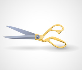 poster mock-up with golden scissors isolated on white background.