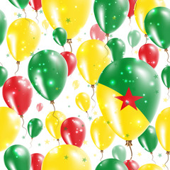 Guiana Independence Day Seamless Pattern. Flying Rubber Balloons in Colors of the Guiana Flag. Happy Guiana Day Patriotic Card with Balloons, Stars and Sparkles.