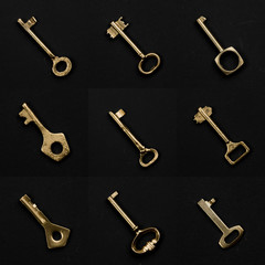 Golden keys collection on black background