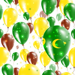 Cocos Islands Independence Day Seamless Pattern. Flying Rubber Balloons in Colors of the Cocos Islander Flag. Happy Cocos Islands Day Patriotic Card with Balloons, Stars and Sparkles.