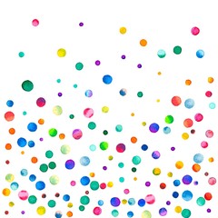 Sparse watercolor confetti on white background. Rainbow colored watercolor confetti bottom gradient. Colorful hand painted illustration.