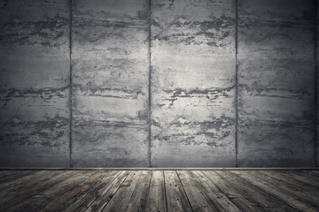 Interior room with dirty concrete wall and wooden floor. 3d rendering illustration