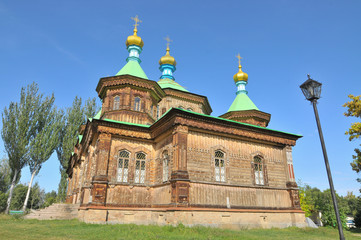Fototapeta na wymiar The Russian Orthodox Holy Trinity Cathedral in Karakol city in Kyrgyzstan