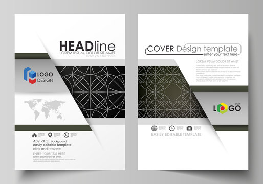 Business templates for brochure, magazine, flyer, booklet, report. Cover design template, vector layout in A4 size. Celtic pattern. Abstract ornament, geometric vintage texture, medieval ethnic style.