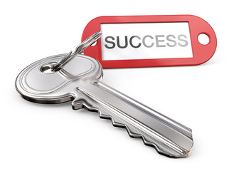 Key to Success. Modern Steel Key and red plastic Tag label with the text SUCCESS. 3D render.