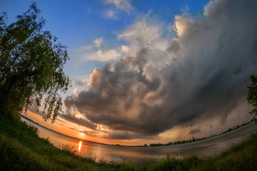 Mill Lake in Bucharest Romania after a severe storm at sunset