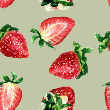 Watercolor seamless pattern of strawberries.