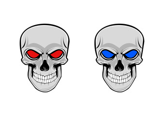 Two skulls with blue and red eyes