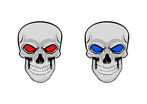 Two skulls with blue and red eyes