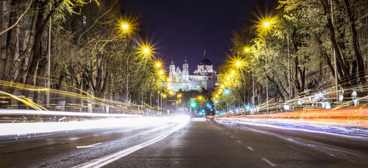 Downtown view of the Almudena Cathedral, Madrid, Spain. The cathedral is one of the most visited attractions in the city, and can be spotted from different parts of the city.