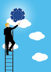 Simple business catroon illustration of a businessman climb a ladder to get blue chip as a symbolism of a motivation to secure investment