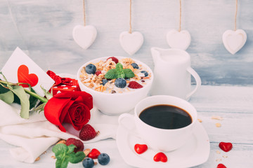 Granola with milk. Healthy breakfast 