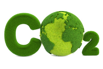 CO2 from grass inscription with globe, eco concept. 3D rendering