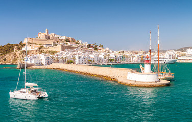 Aerial view of Ibiza city port, Spain