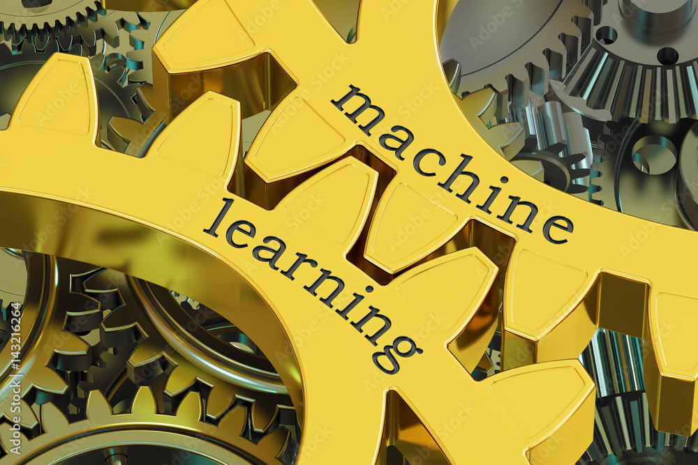 Poster machine learning concept on the gearwheels, 3d rendering