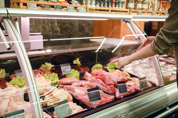 Cropped image of couple choosing meats