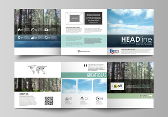 Templates for tri fold square design brochures. Leaflet cover, vector layout. Colorful background made of triangular or hexagonal texture, travel business, natural landscape, polygonal style.