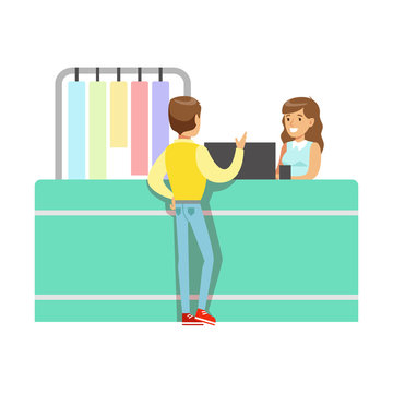 Client And Worker At Dry-Cleaning Counter, Part Of People Using Clothing Dry Cleaning Professional Service Set Of Vector Illustrations