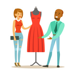 Designer Demonstrating Finished Red Dress To Client, Part Of People Using Tailoring And Design Professional Service Set Of Vector Illustrations