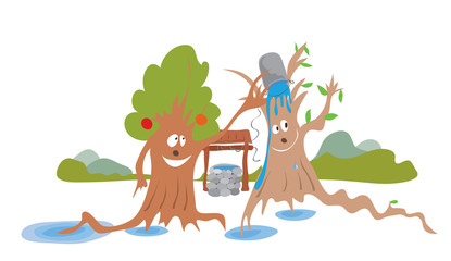 growth and environmental development/ Cheerful trees water each other with water from a well