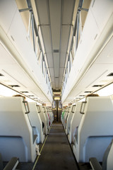 Rear view of double decker train car interior